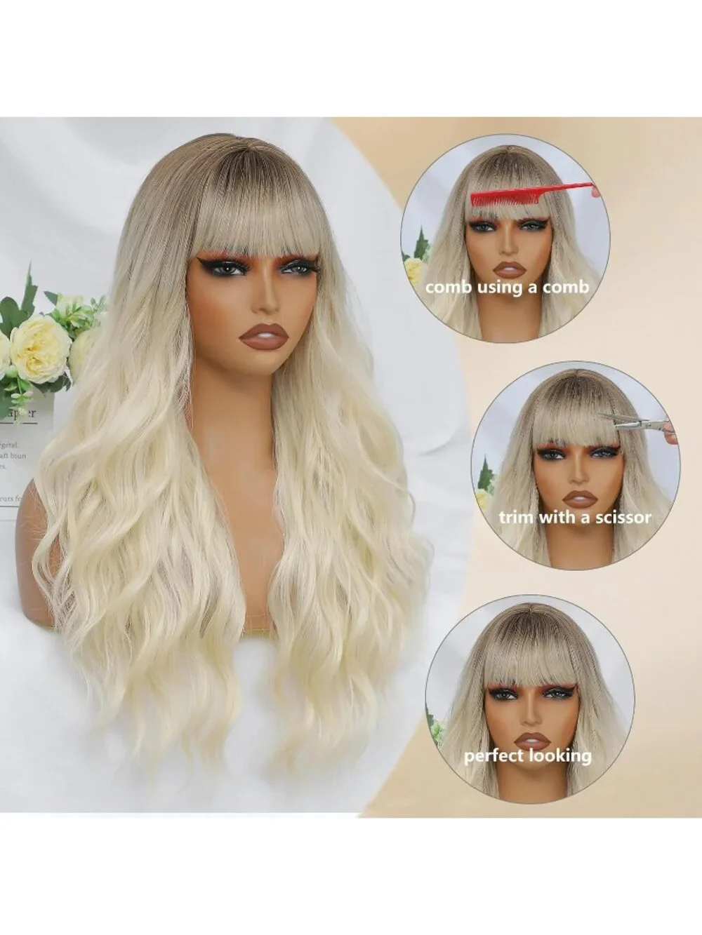 Women Platinum Blonde 26 Inch Natural Looking Heat Resistant Synthetic Wigs Bang